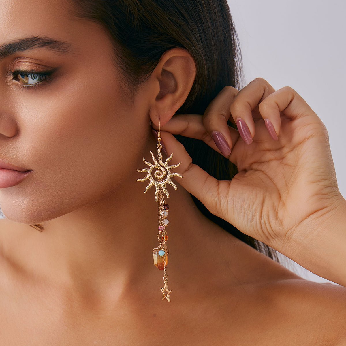 Boho Sun Star Healing Crystal Dangle Earrings - ArtGalleryZen