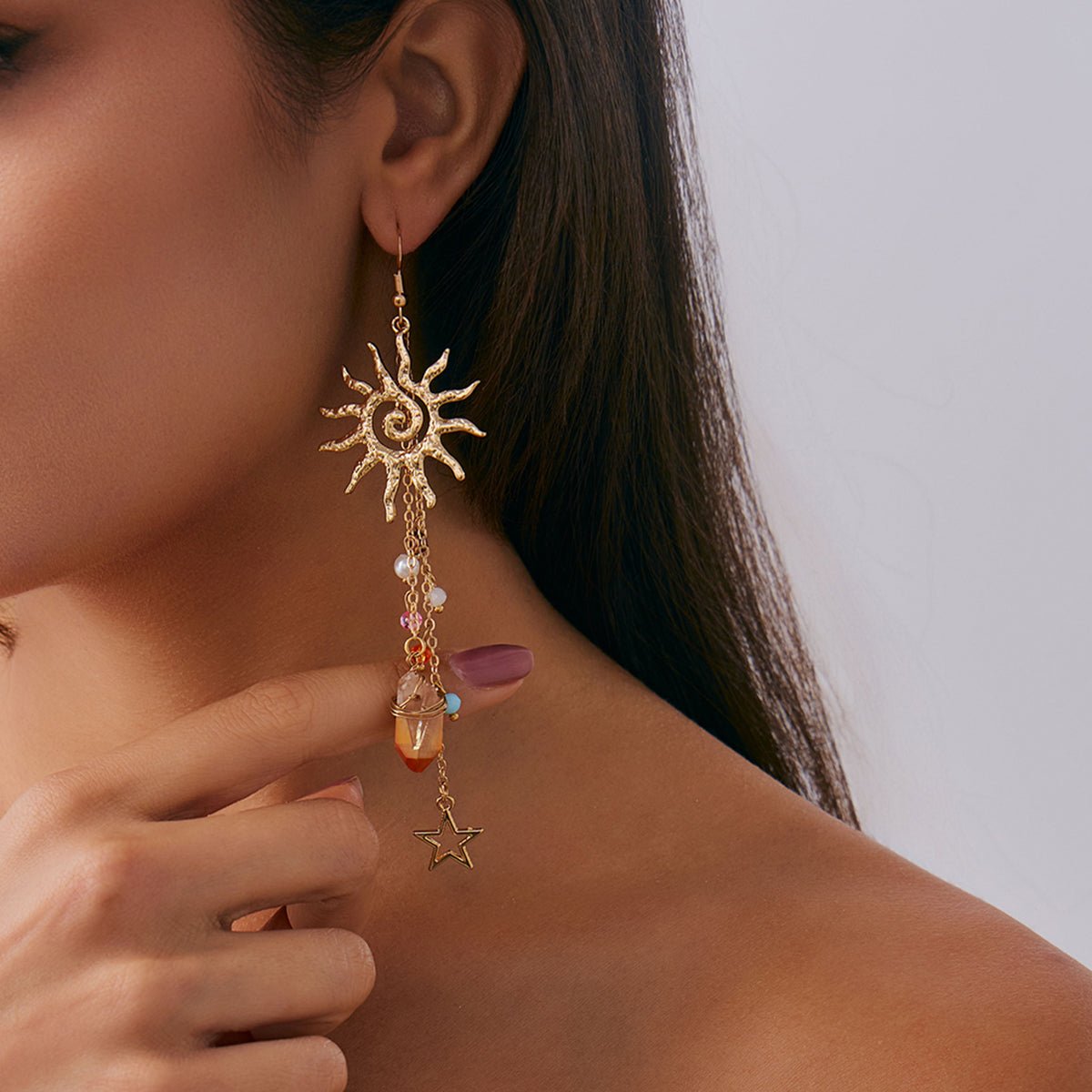 Boho Sun Star Healing Crystal Dangle Earrings - ArtGalleryZen