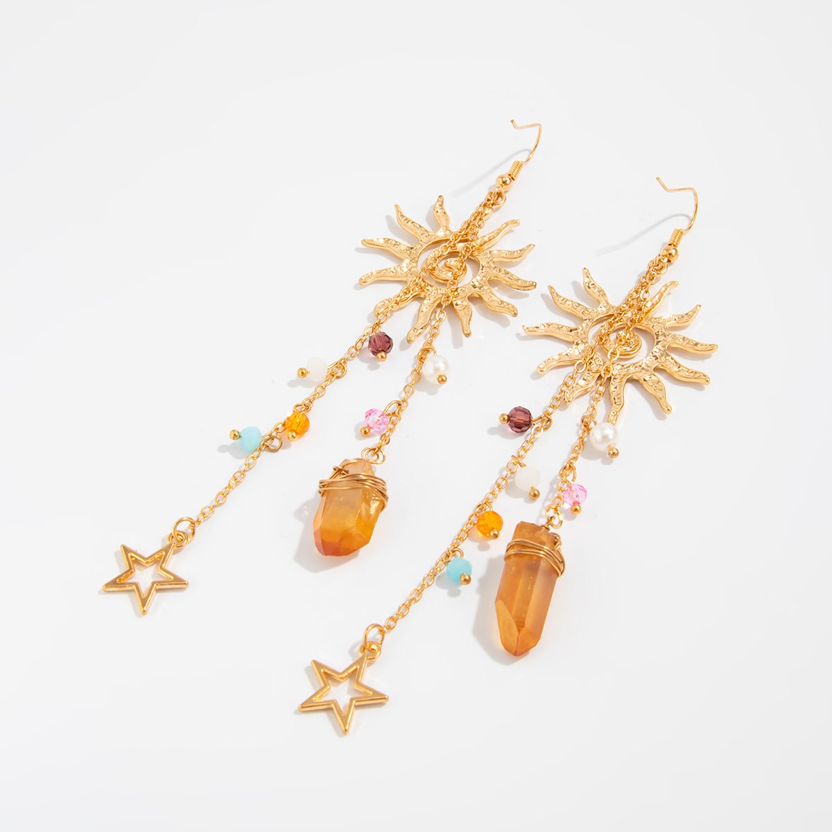 Boho Sun Star Healing Crystal Dangle Earrings - ArtGalleryZen
