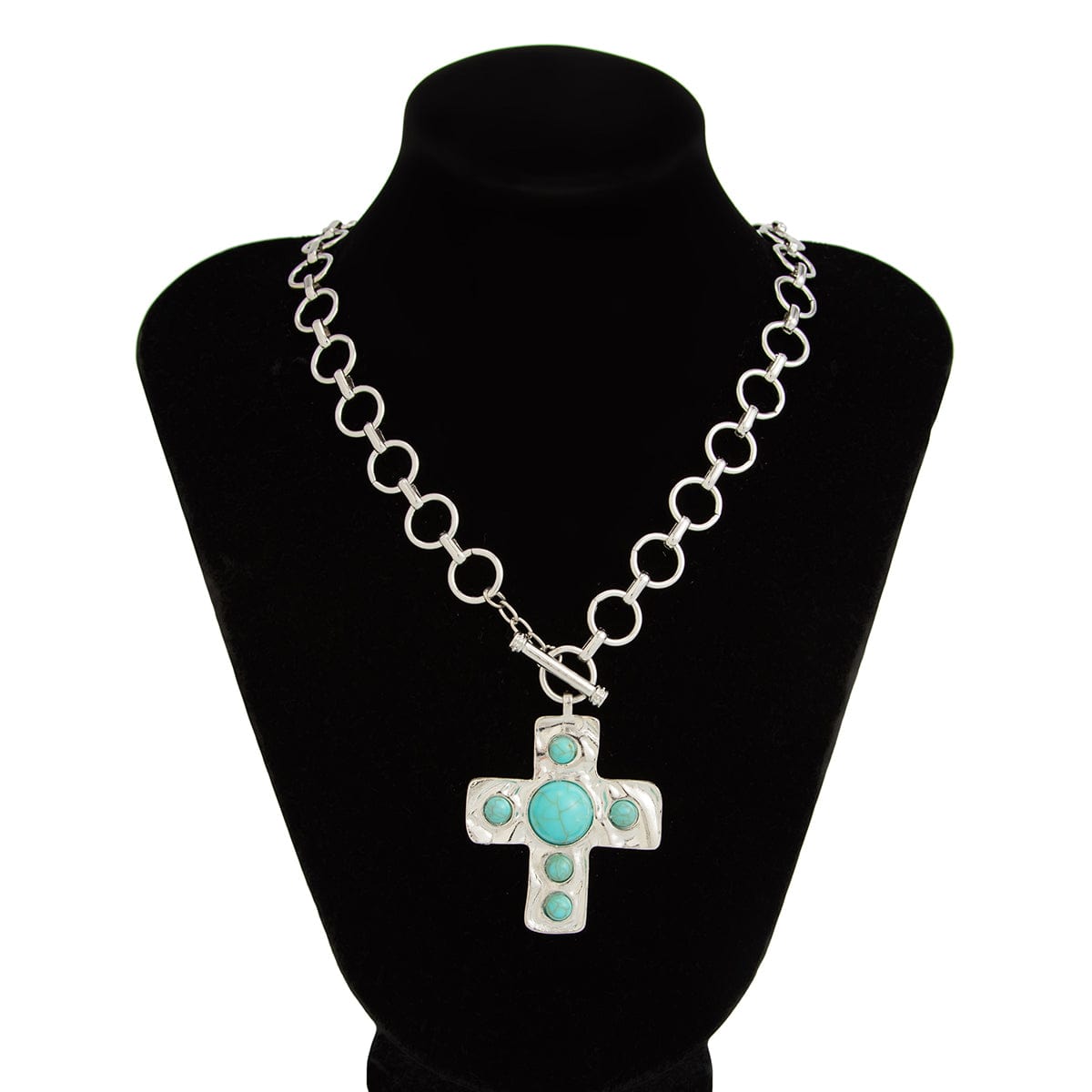 Boho Toggle Clasp Turquoise Inlaid Cross Pendant Cable Chain Necklace - ArtGalleryZen