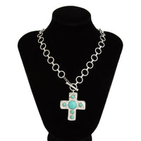 Thumbnail for Boho Toggle Clasp Turquoise Inlaid Cross Pendant Cable Chain Necklace - ArtGalleryZen