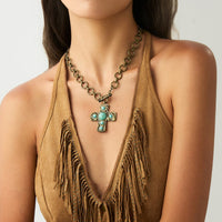 Thumbnail for Boho Toggle Clasp Turquoise Inlaid Cross Pendant Cable Chain Necklace - ArtGalleryZen
