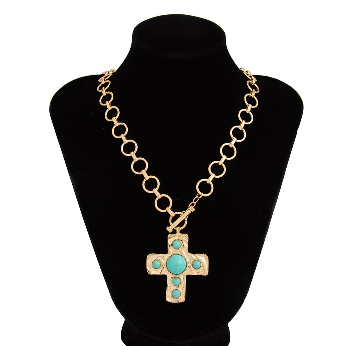 Boho Toggle Clasp Turquoise Inlaid Cross Pendant Cable Chain Necklace - ArtGalleryZen