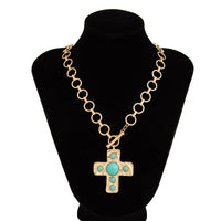 Thumbnail for Boho Toggle Clasp Turquoise Inlaid Cross Pendant Cable Chain Necklace - ArtGalleryZen