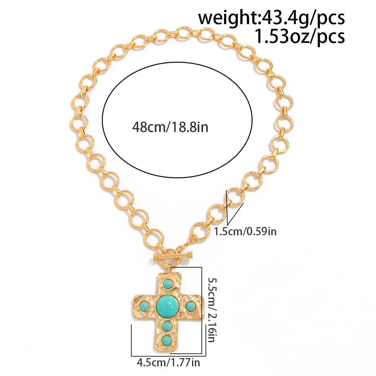 Boho Toggle Clasp Turquoise Inlaid Cross Pendant Cable Chain Necklace - ArtGalleryZen