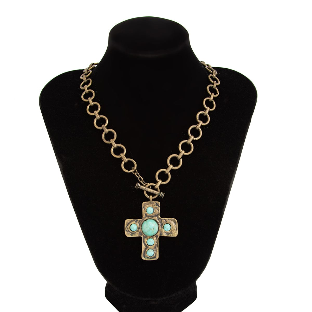 Boho Toggle Clasp Turquoise Inlaid Cross Pendant Cable Chain Necklace - ArtGalleryZen