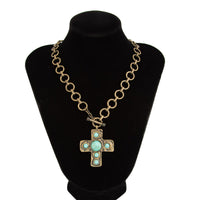 Thumbnail for Boho Toggle Clasp Turquoise Inlaid Cross Pendant Cable Chain Necklace - ArtGalleryZen