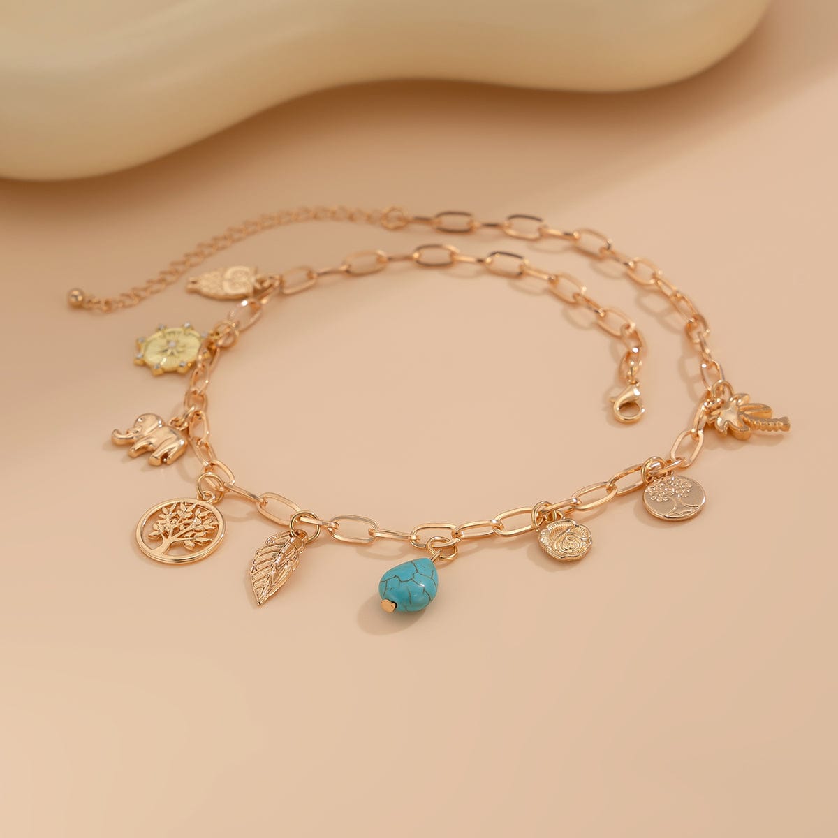 Boho Tree Owl Elephant Turquoise Pendant Necklace - ArtGalleryZen