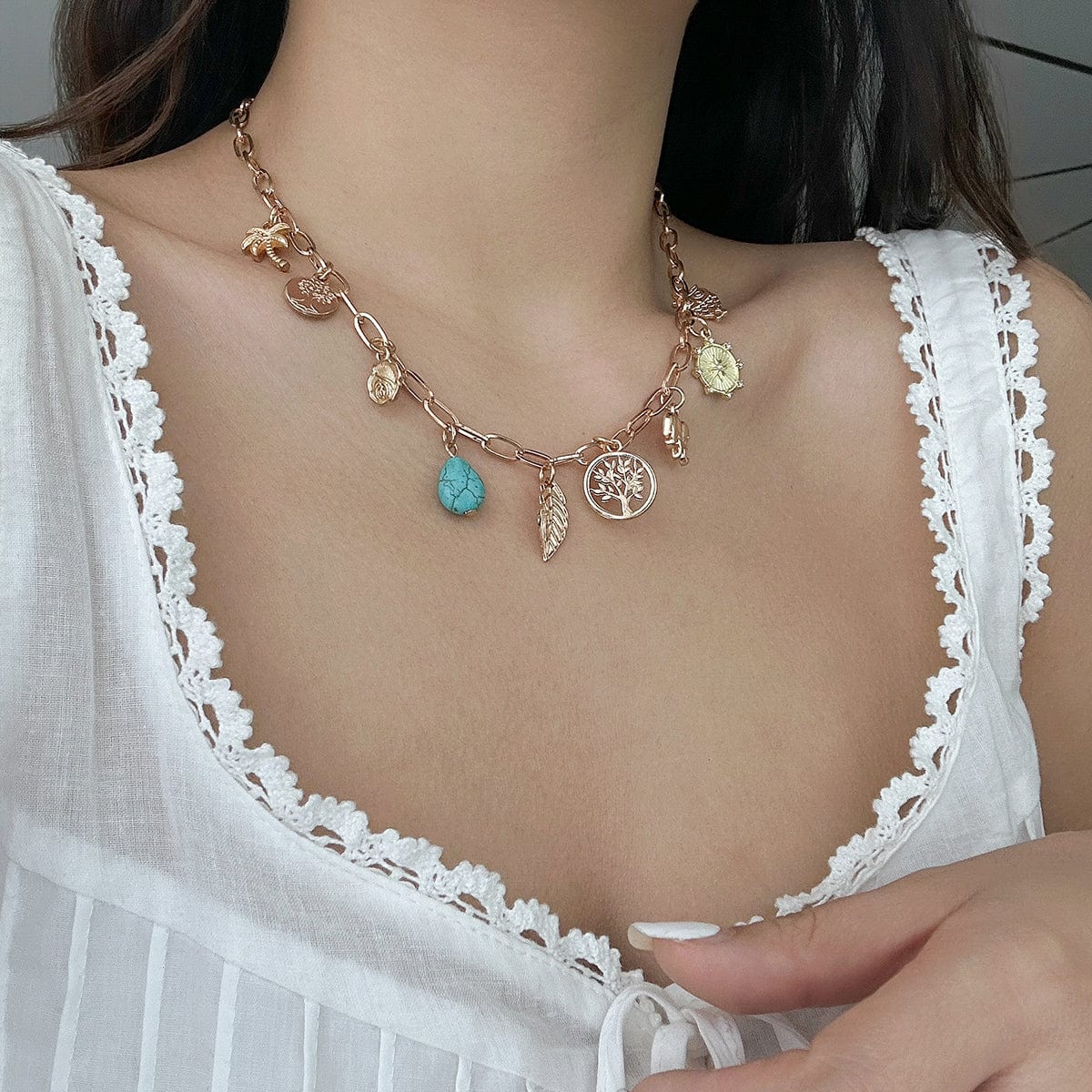 Boho Tree Owl Elephant Turquoise Pendant Necklace - ArtGalleryZen