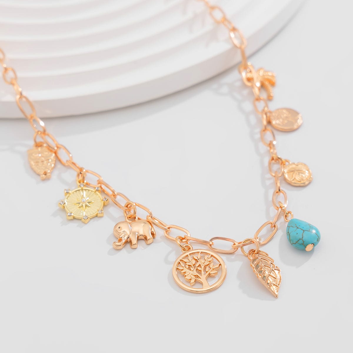 Boho Tree Owl Elephant Turquoise Pendant Necklace - ArtGalleryZen