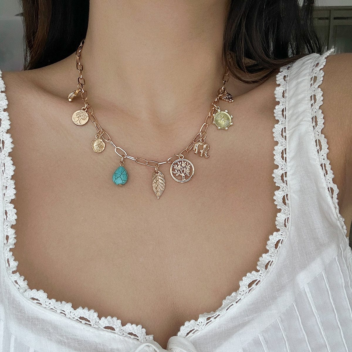 Boho Tree Owl Elephant Turquoise Pendant Necklace - ArtGalleryZen