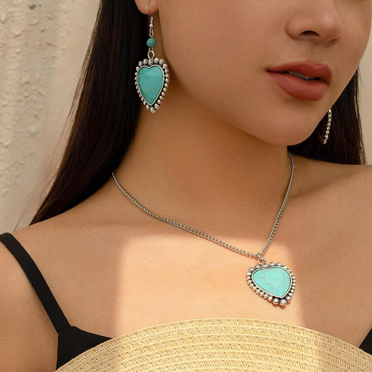 Boho Turquoise Heart Charm Necklace Earrings Set