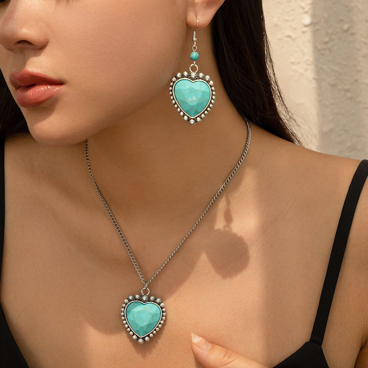 Boho Turquoise Heart Charm Necklace Earrings Set