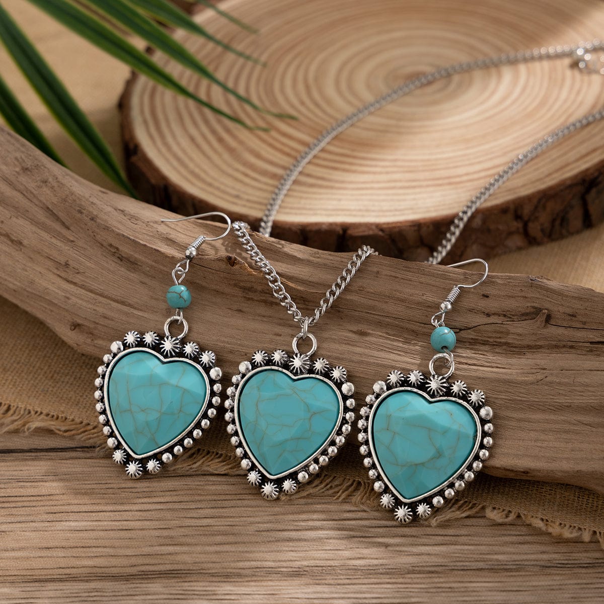 Boho Turquoise Heart Charm Necklace Earrings Set