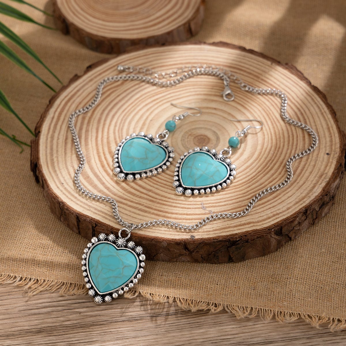 Boho Turquoise Heart Charm Necklace Earrings Set