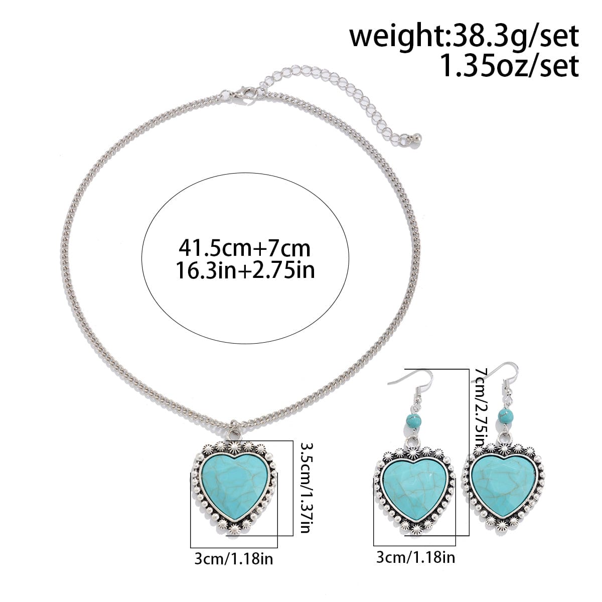 Boho Turquoise Heart Charm Necklace Earrings Set