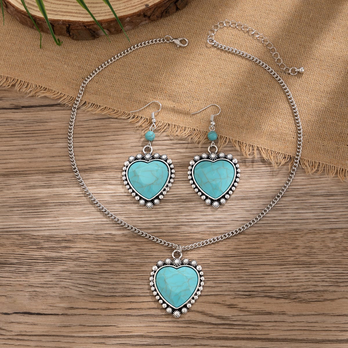 Boho Turquoise Heart Charm Necklace Earrings Set