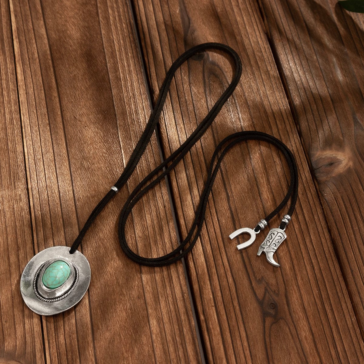 Boho Turquoise Inlaid Cowboy Hat Boot Horseshoe Pendant Velvet Necklace - ArtGalleryZen