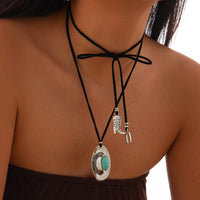 Thumbnail for Boho Turquoise Inlaid Cowboy Hat Boot Horseshoe Pendant Velvet Necklace - ArtGalleryZen