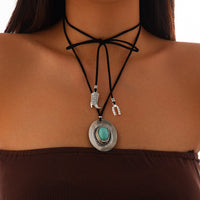Thumbnail for Boho Turquoise Inlaid Cowboy Hat Boot Horseshoe Pendant Velvet Necklace - ArtGalleryZen
