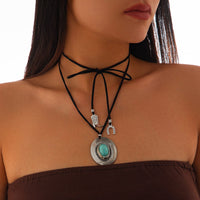 Thumbnail for Boho Turquoise Inlaid Cowboy Hat Boot Horseshoe Pendant Velvet Necklace - ArtGalleryZen
