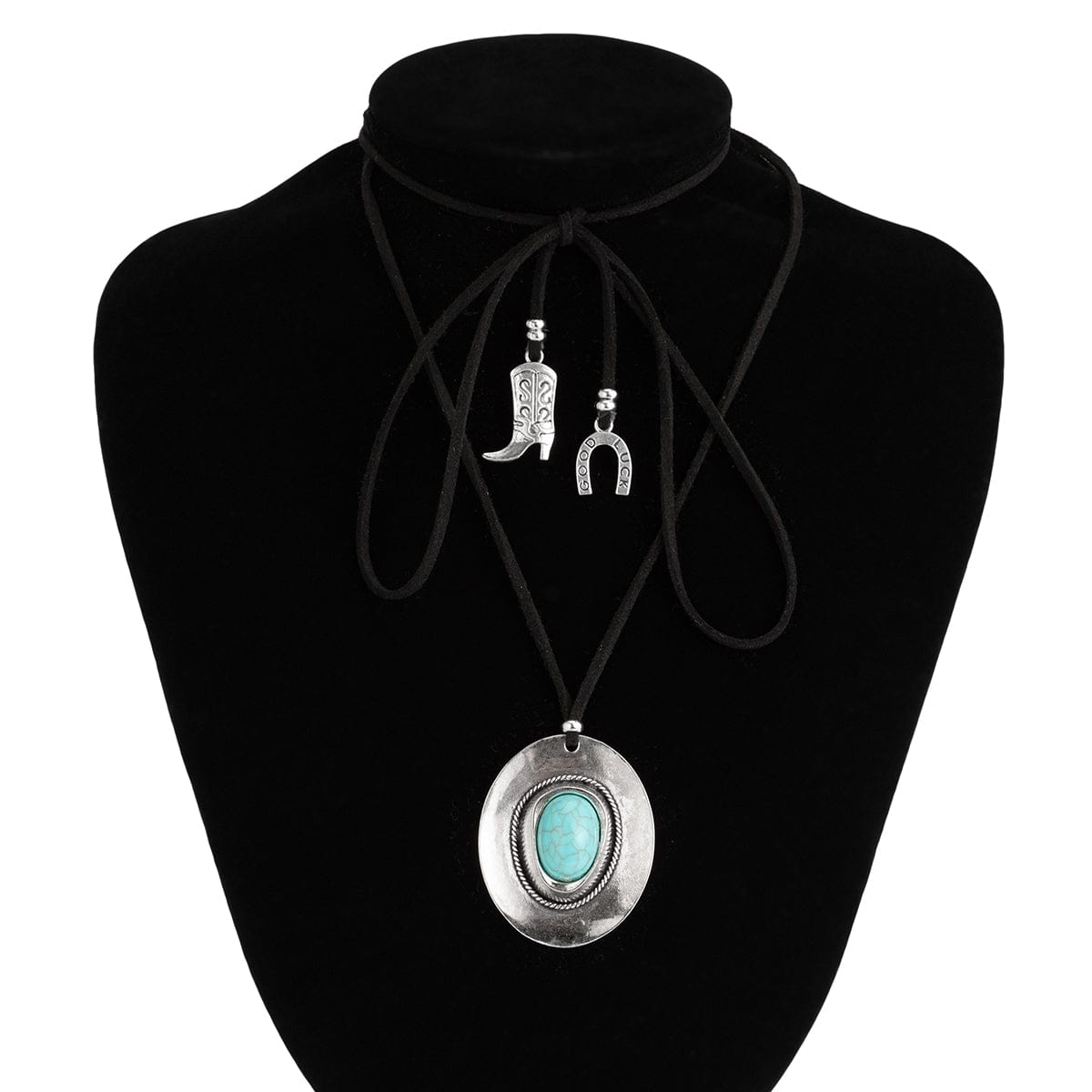 Boho Turquoise Inlaid Cowboy Hat Boot Horseshoe Pendant Velvet Necklace