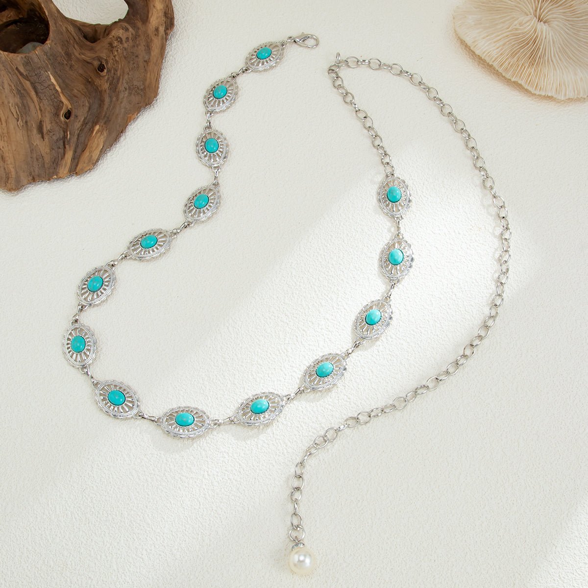 Boho Turquoise Inlaid Floral Oval Disk Waist Chain - ArtGalleryZen