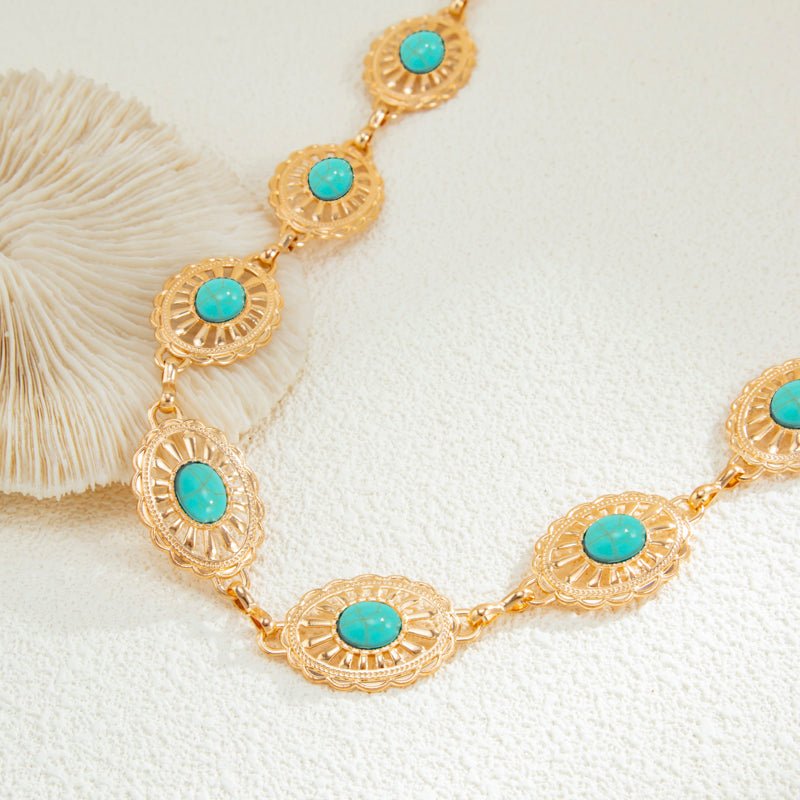 Boho Turquoise Inlaid Floral Oval Disk Waist Chain - ArtGalleryZen