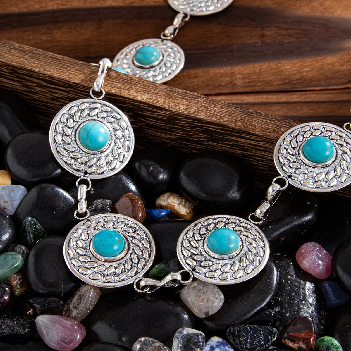 Boho Turquoise Inlaid Round Disk Waist Chain - ArtGalleryZen