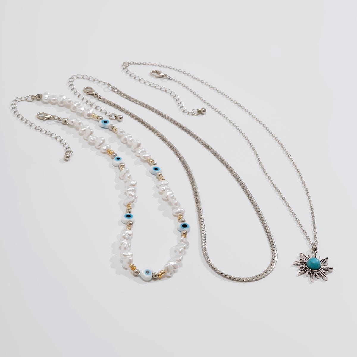 Boho Turquoise Sun Pendant Evil Eye Pearl Chain Necklace Set - ArtGalleryZen