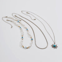Thumbnail for Boho Turquoise Sun Pendant Evil Eye Pearl Chain Necklace Set - ArtGalleryZen