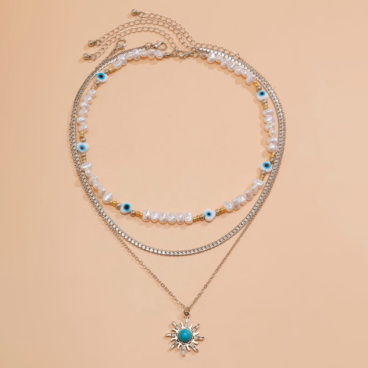 Boho Turquoise Sun Pendant Evil Eye Pearl Chain Necklace Set - ArtGalleryZen