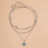 Thumbnail for Boho Turquoise Sun Pendant Evil Eye Pearl Chain Necklace Set - ArtGalleryZen