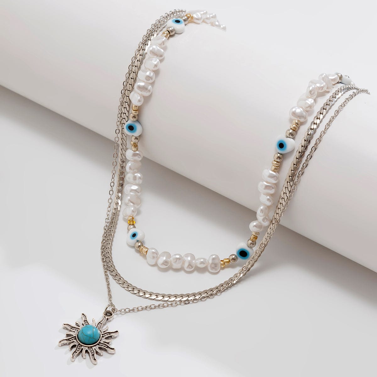 Boho Turquoise Sun Pendant Evil Eye Pearl Chain Necklace Set - ArtGalleryZen