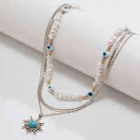 Thumbnail for Boho Turquoise Sun Pendant Evil Eye Pearl Chain Necklace Set - ArtGalleryZen
