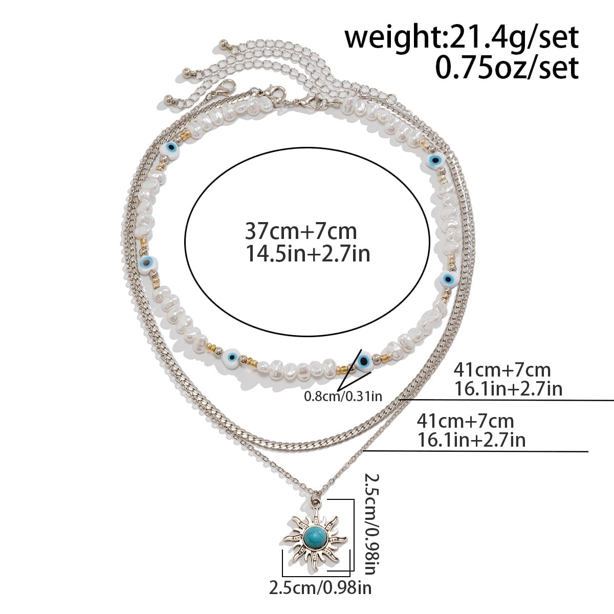 Boho Turquoise Sun Pendant Evil Eye Pearl Chain Necklace Set - ArtGalleryZen