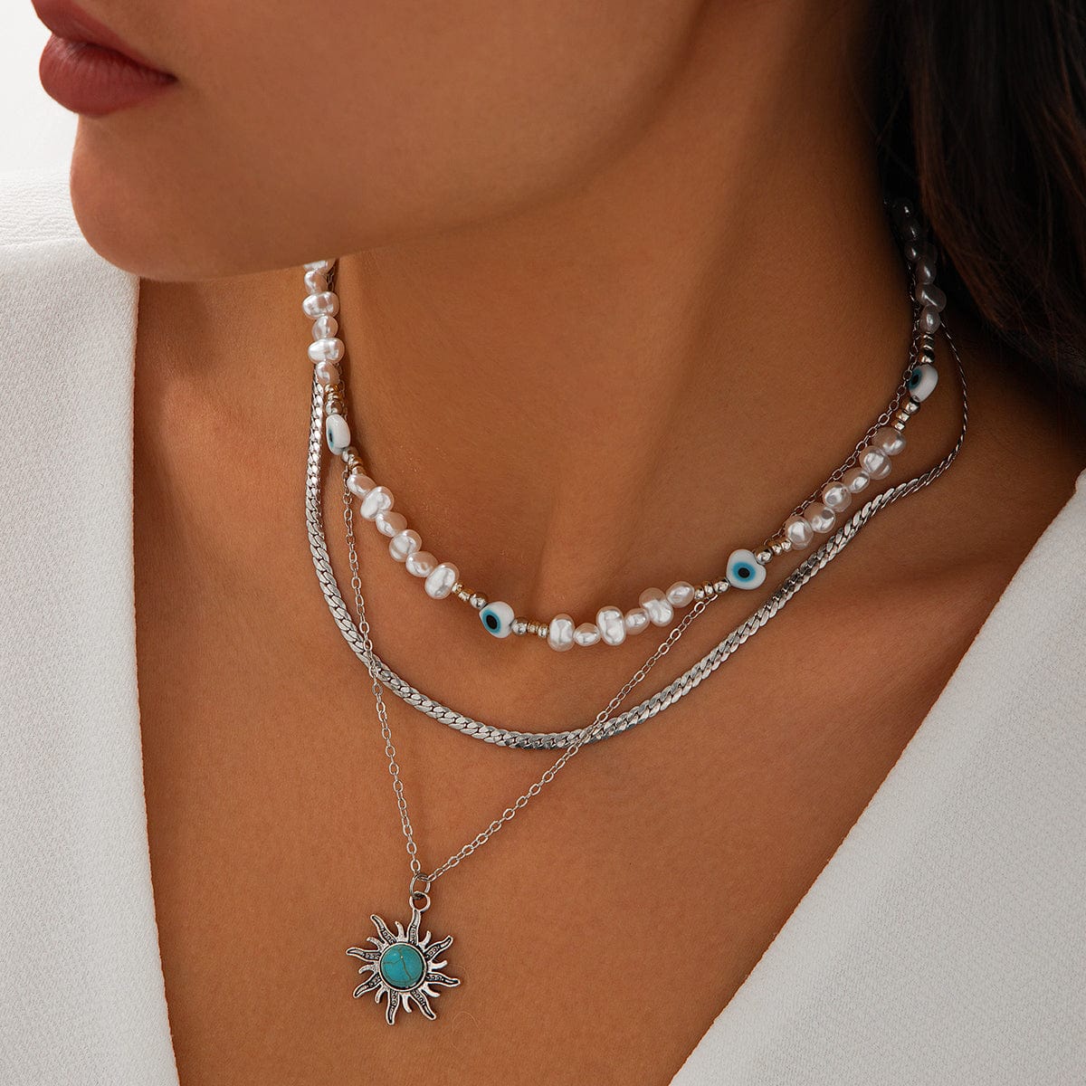 Boho Turquoise Sun Pendant Evil Eye Pearl Chain Necklace Set