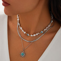 Thumbnail for Boho Turquoise Sun Pendant Evil Eye Pearl Chain Necklace Set