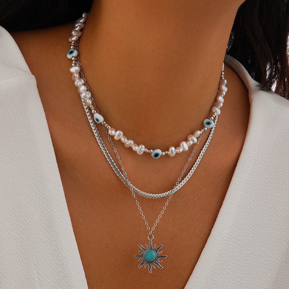 Boho Turquoise Sun Pendant Evil Eye Pearl Chain Necklace Set