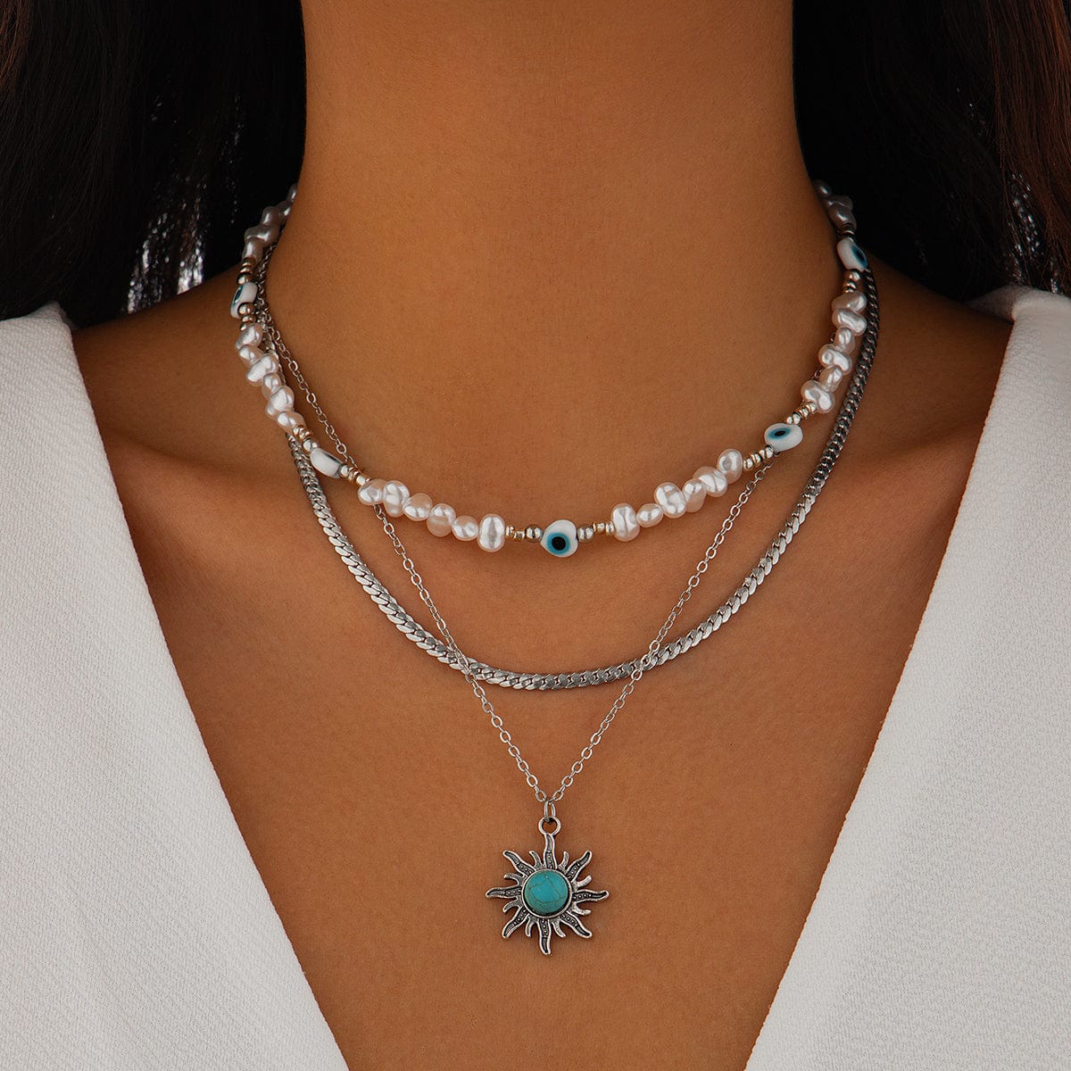 Boho Turquoise Sun Pendant Evil Eye Pearl Chain Necklace Set