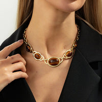 Thumbnail for Brown Resin Inlaid Curb Chain Choker Necklace Chunky Statement Jewelry - ArtGalleryZen
