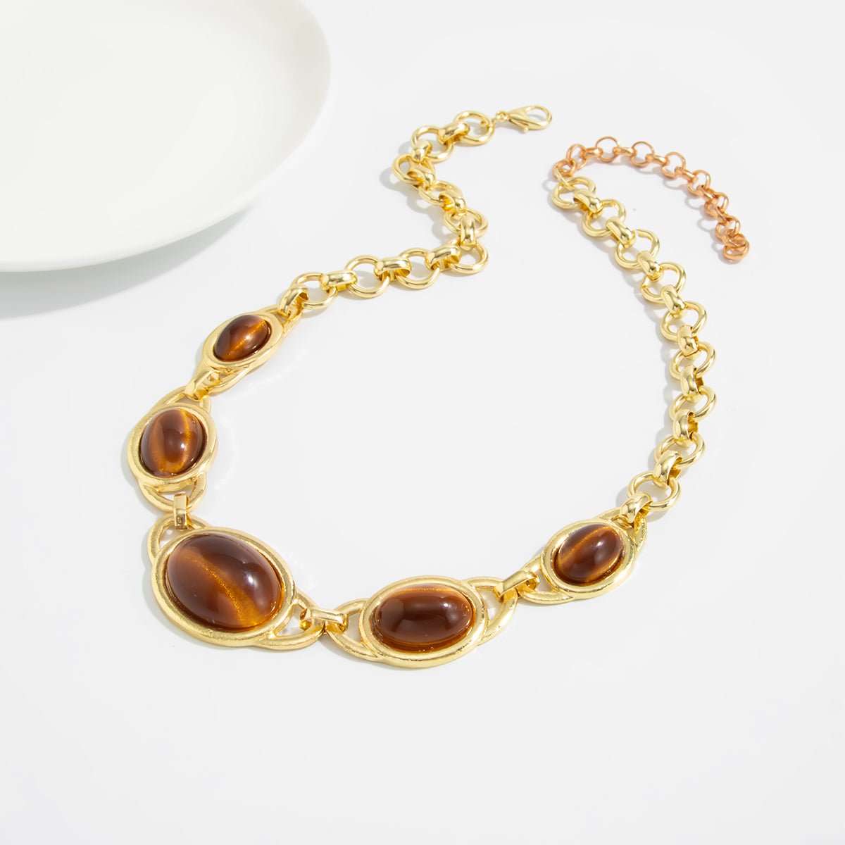 Brown Resin Inlaid Curb Chain Choker Necklace Chunky Statement Jewelry - ArtGalleryZen