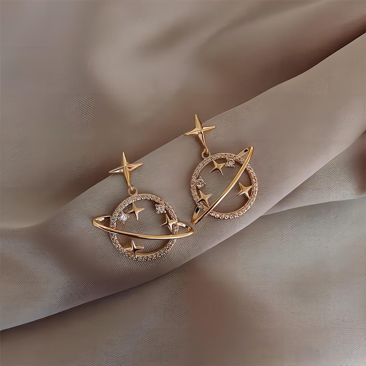 Celestial Crystal Saturn Gold Earrings - ArtGalleryZen