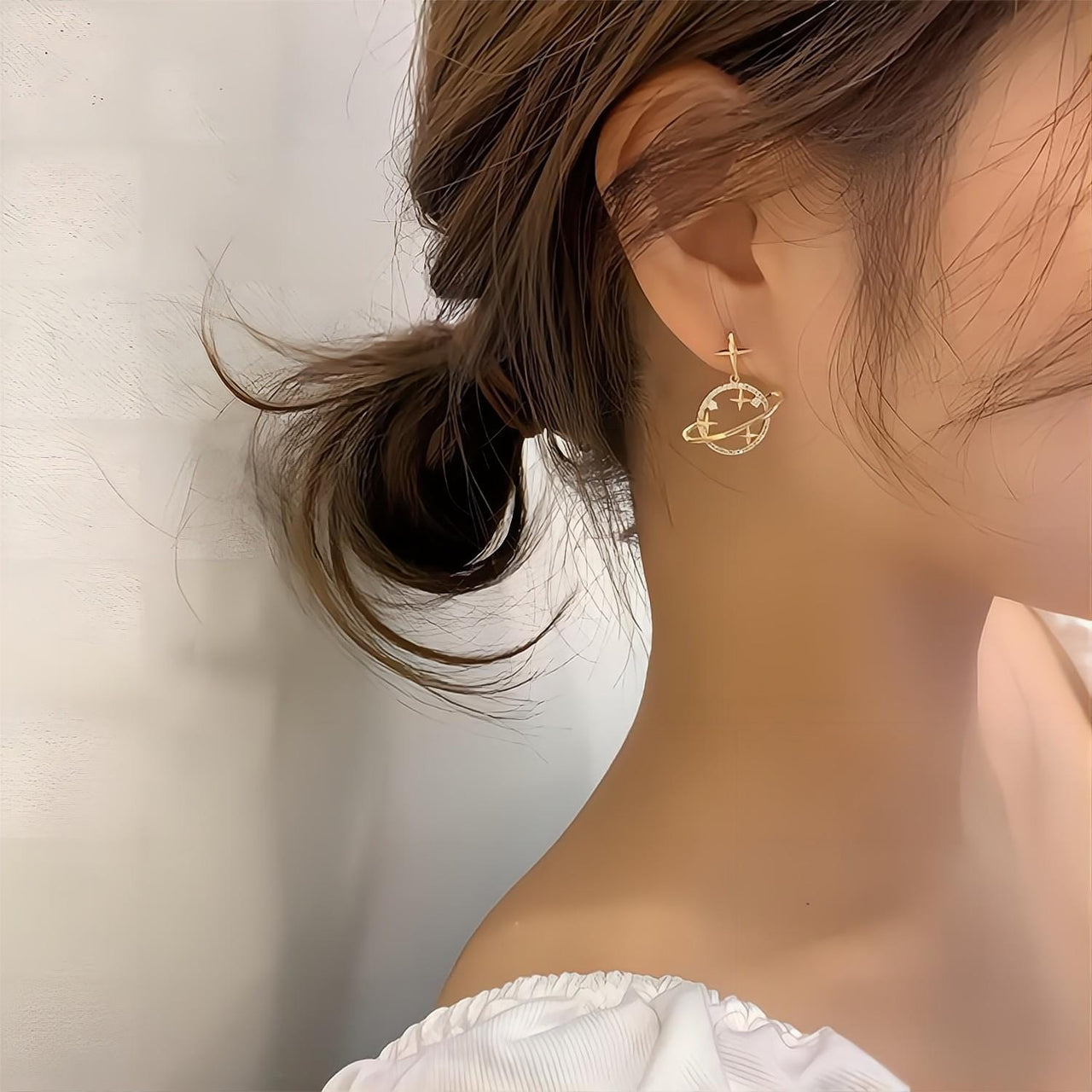 Celestial Crystal Saturn Gold Earrings - ArtGalleryZen