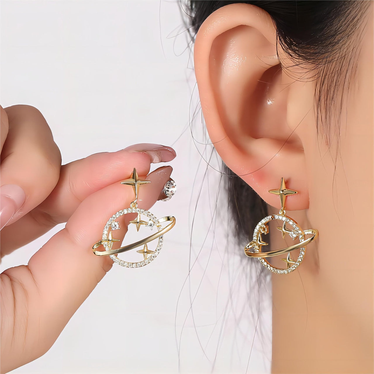 Celestial Crystal Saturn Gold Earrings - ArtGalleryZen