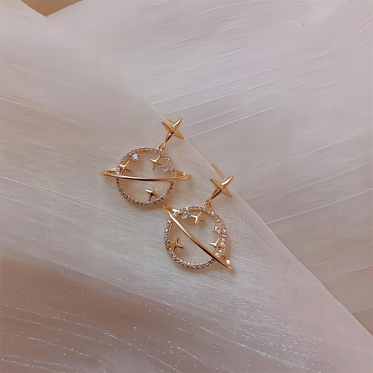 Celestial Crystal Saturn Gold Earrings - ArtGalleryZen