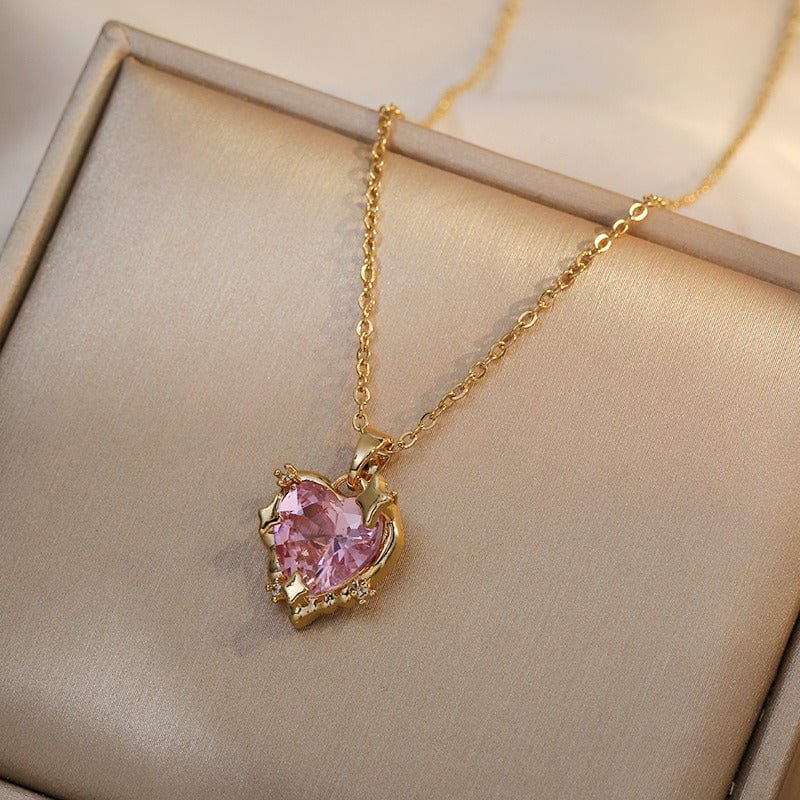 Celestial Pink Heart Pendant Necklace - ArtGalleryZen