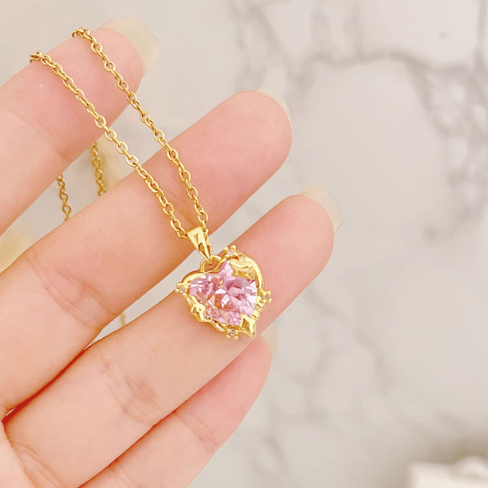 Celestial Pink Heart Pendant Necklace - ArtGalleryZen