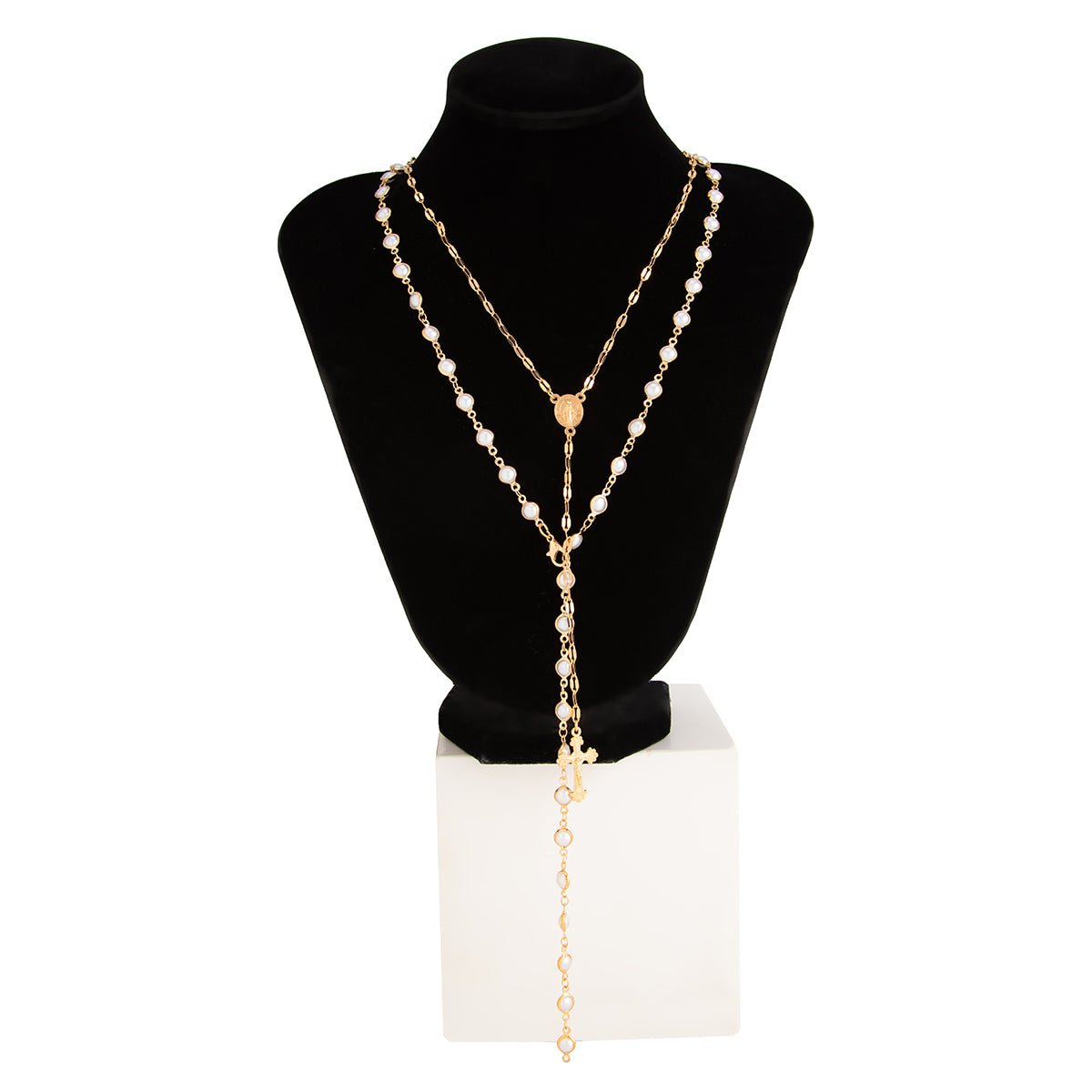 Charming 2pcs Cross Pendant Pearl Chain Y Necklace Set - ArtGalleryZen