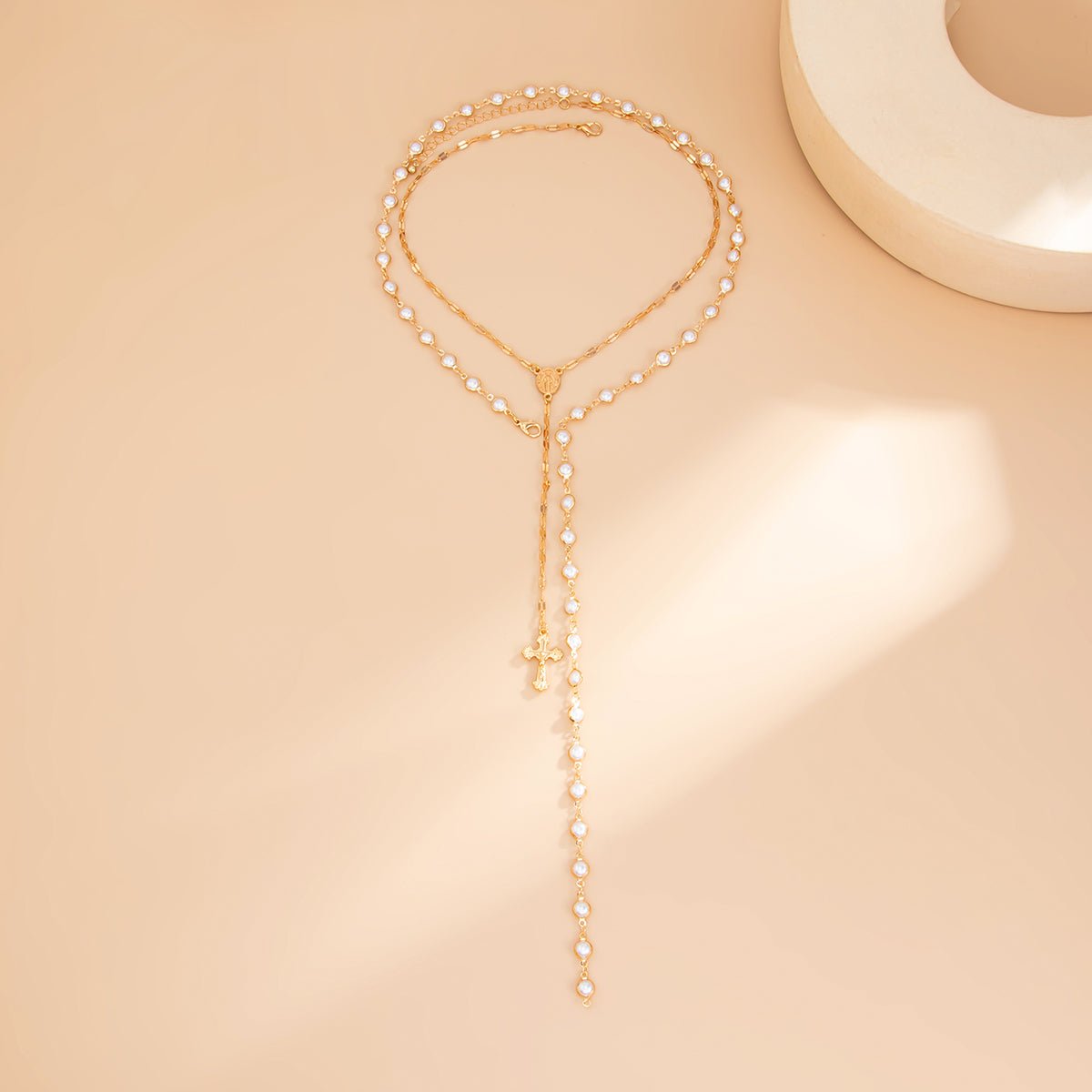 Charming 2pcs Cross Pendant Pearl Chain Y Necklace Set - ArtGalleryZen